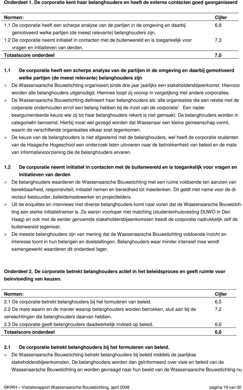 2 De corporatie neemt initiatief in contacten met de buitenwereld en is toegankelijk voor 7,3 vragen en initiatieven van derden. Totaalscore onderdeel 7,0 1.