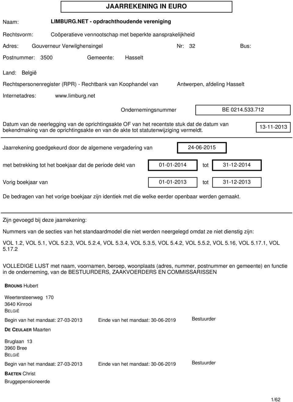 Rechtspersonenregister (RPR) - Rechtbank van Koophandel van Antwerpen, afdeling Hasselt Internetadres: www.limburg.net Ondernemingsnummer BE 0214.533.
