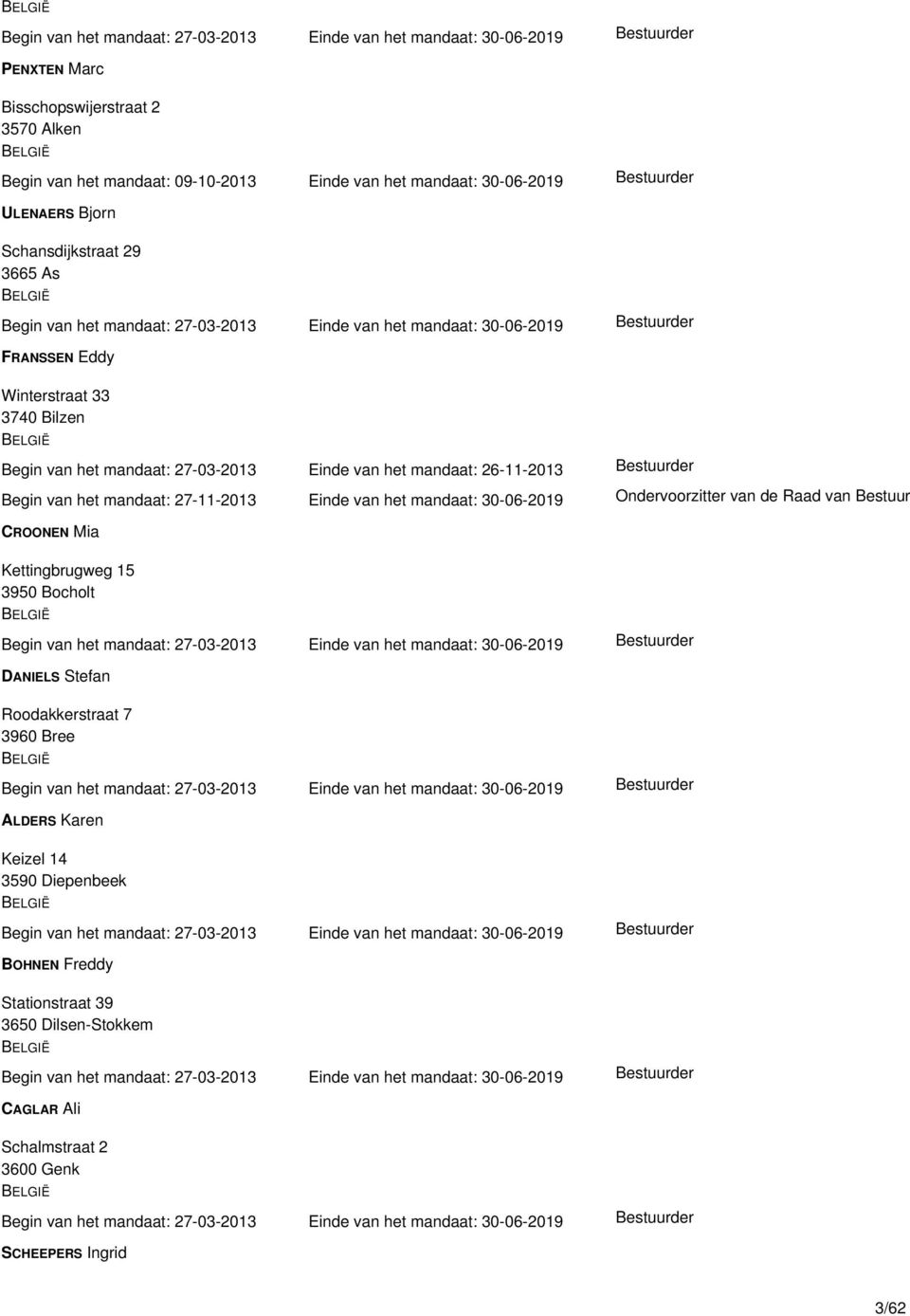 27-11-2013 Einde van het mandaat: 30-06-2019 Ondervoorzitter van de Raad van Bestuur CROONEN Mia Kettingbrugweg 15 3950 Bocholt DANIELS Stefan