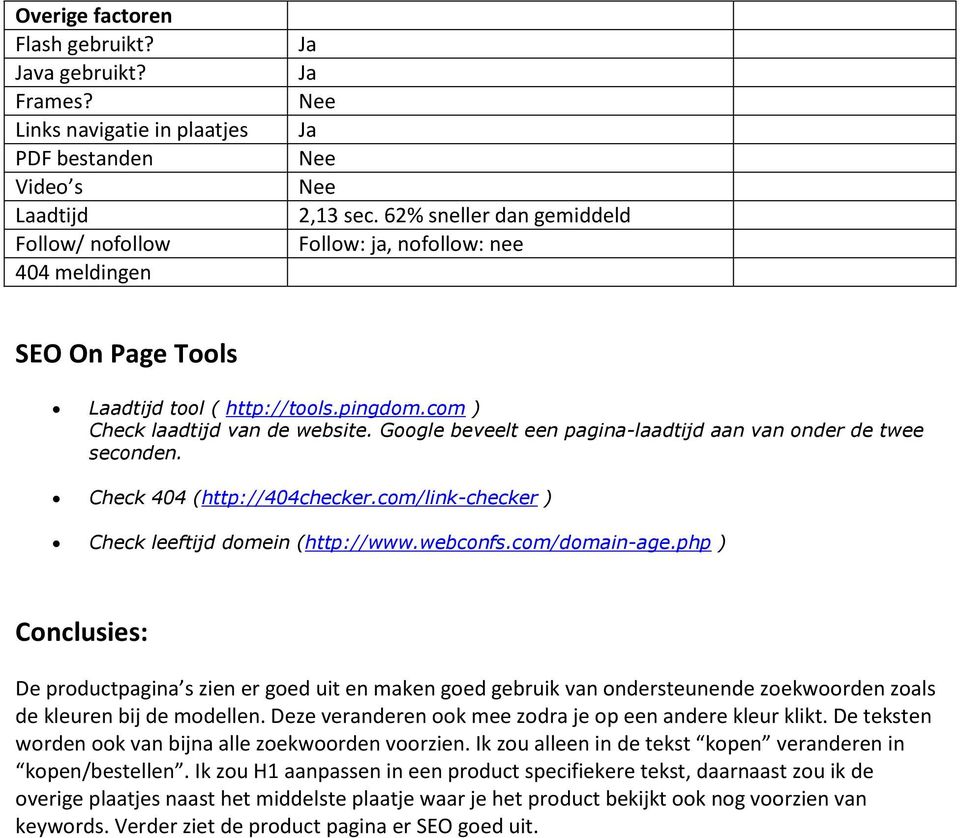 Google beveelt een pagina-laadtijd aan van onder de twee seconden. Check 404 (http://404checker.com/link-checker ) Check leeftijd domein (http://www.webconfs.com/domain-age.