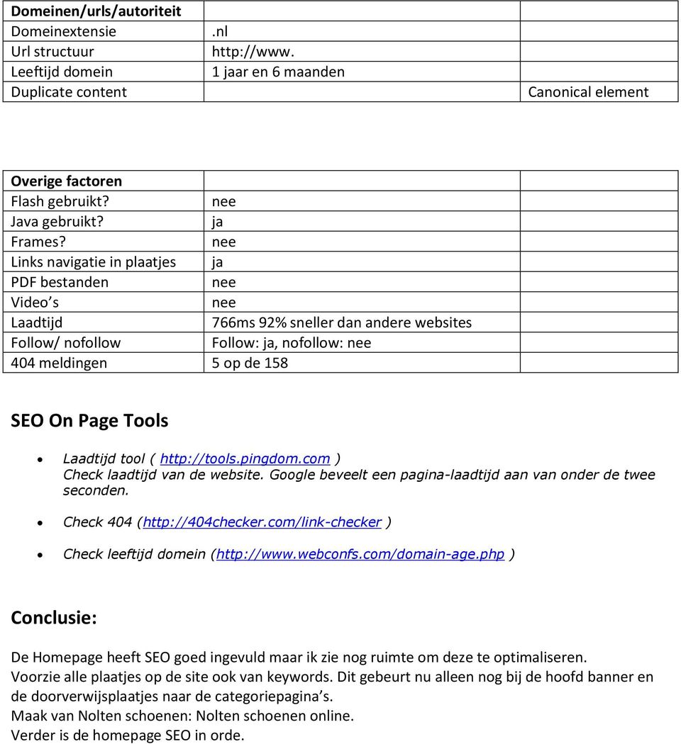 nee Links navigatie in plaatjes ja PDF bestanden nee Video s nee Laadtijd 766ms 92% sneller dan andere websites Follow/ nofollow Follow: ja, nofollow: nee 404 meldingen 5 op de 158 SEO On Page Tools