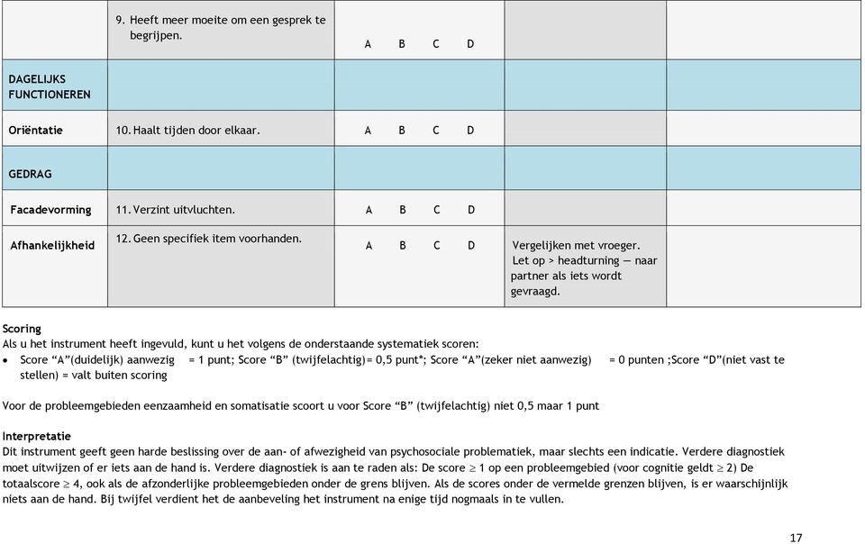 Scoring Als u het instrument heeft ingevuld, kunt u het volgens de onderstaande systematiek scoren: Score A (duidelijk) aanwezig = 1 punt; Score B (twijfelachtig) = 0,5 punt*; Score A (zeker niet