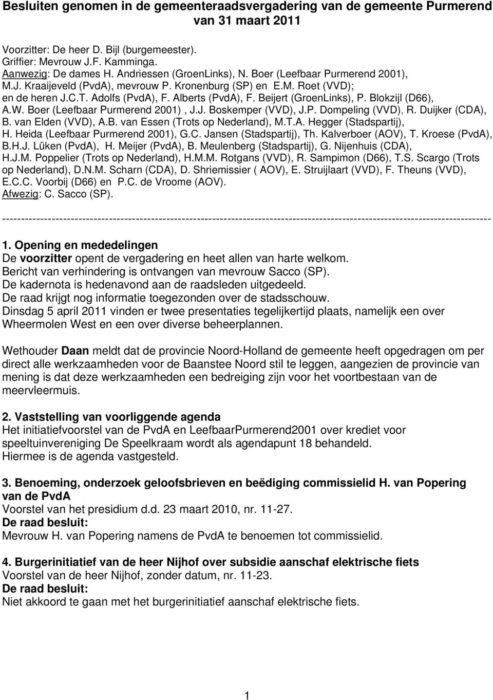 Beijert (GroenLinks), P. Blokzijl (D66), A.W. Boer (Leefbaar Purmerend 2001), J.J. Boskemper (VVD), J.P. Dompeling (VVD), R. Duijker (CDA), B. van Elden (VVD), A.B. van Essen (Trots op Nederland), M.