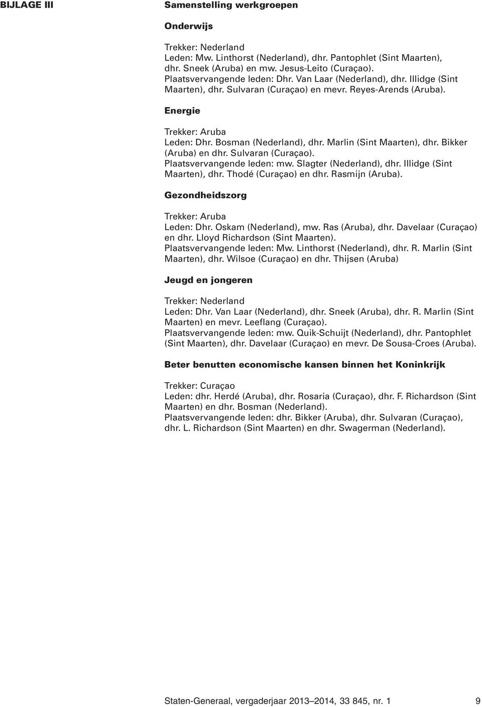 Marlin (Sint Maarten), dhr. Bikker (Aruba) en dhr. Sulvaran (Curaçao). Plaatsvervangende leden: mw. Slagter (Nederland), dhr. Illidge (Sint Maarten), dhr. Thodé (Curaçao) en dhr. Rasmijn (Aruba).