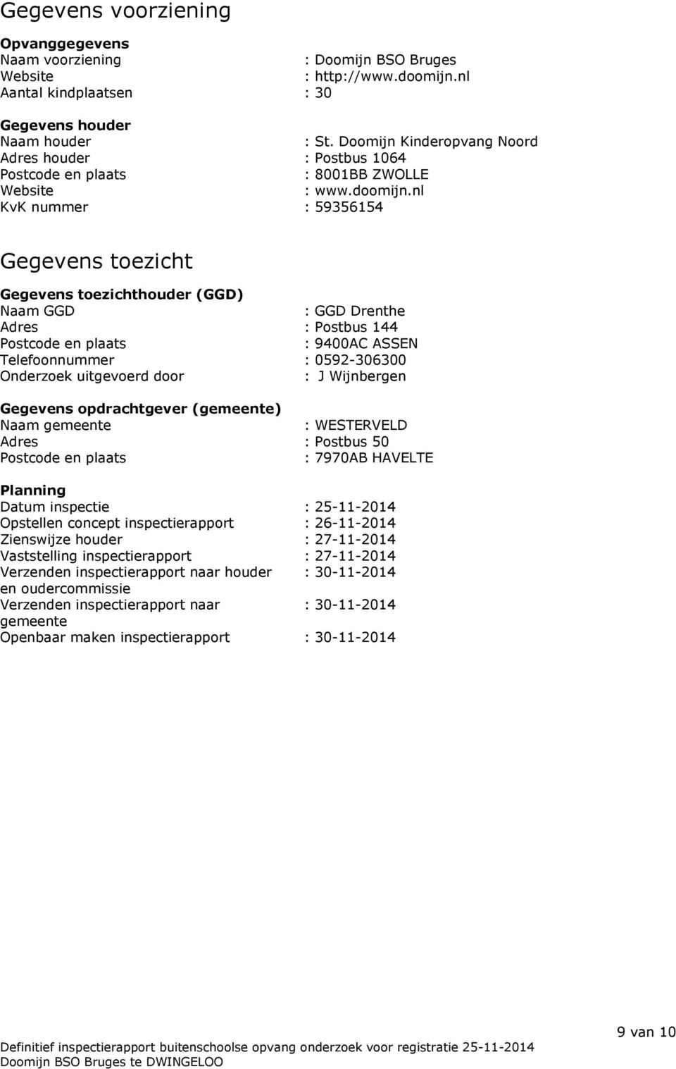 nl KvK nummer : 59356154 Gegevens toezicht Gegevens toezichthouder (GGD) Naam GGD : GGD Drenthe Adres : Postbus 144 Postcode en plaats : 9400AC ASSEN Telefoonnummer : 0592-306300 Onderzoek uitgevoerd