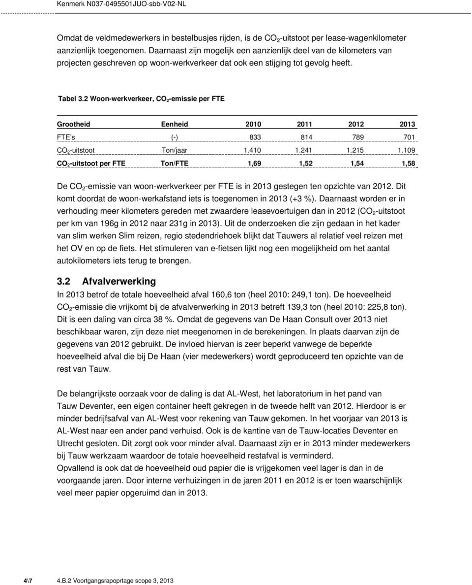 2 Woon-werkverkeer, per FTE Grootheid Eenheid 2010 2011 2012 2013 FTE s (-) 833 814 789 701 uitstoot Ton/jaar 1.410 1.241 1.215 1.