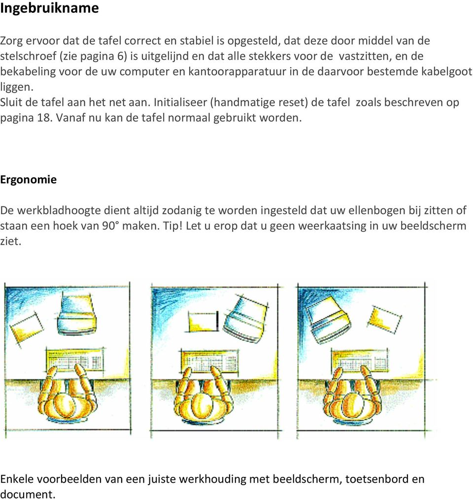 Initialiseer (handmatige reset) de tafel zoals beschreven op pagina 18. Vanaf nu kan de tafel normaal gebruikt worden.