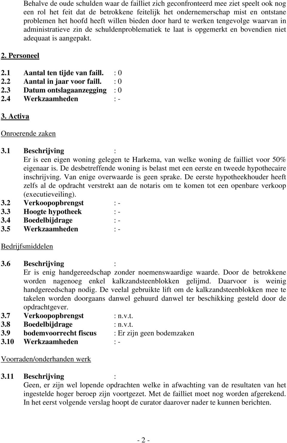 1 Aantal ten tijde van faill. : 0 2.2 Aantal in jaar voor faill. : 0 2.3 Datum ontslagaanzegging : 0 2.4 Werkzaamheden : - 3. Activa Onroerende zaken 3.