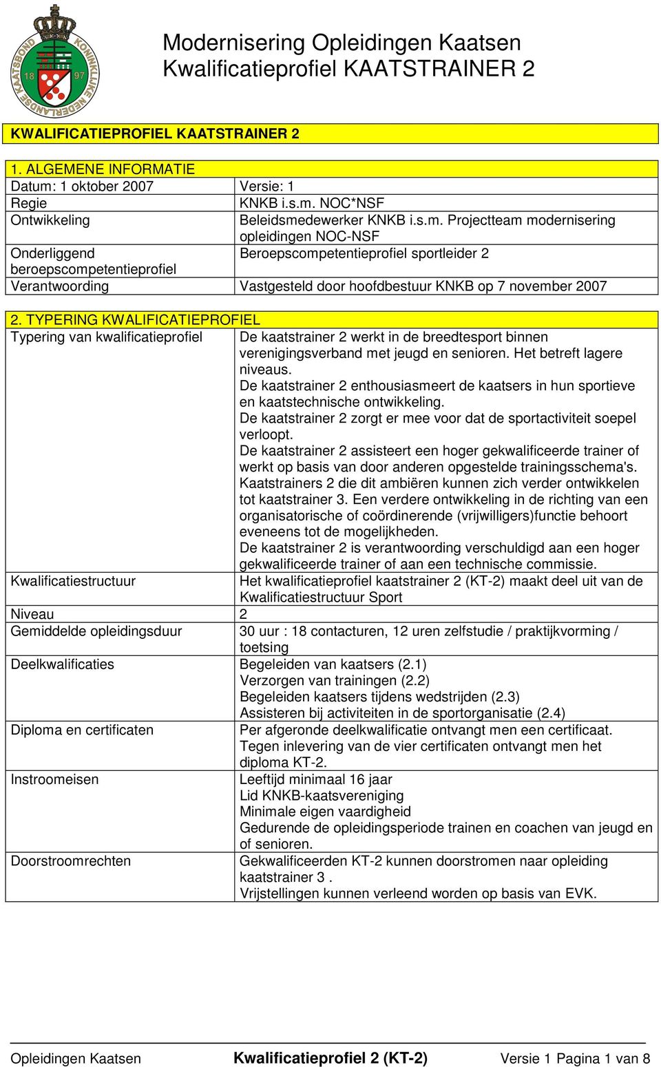 2. TYPERING KWALIFICATIEPROFIEL Typering van kwalificatieprofiel De kaatstrainer 2 werkt in de breedtesport binnen verenigingsverband met jeugd en senioren. Het betreft lagere niveaus.