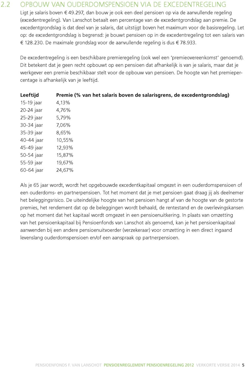 Let op: de excedentgrondslag is begrensd: je bouwt pensioen op in de excedentregeling tot een salaris van 128.230. De maximale grondslag voor de aanvullende regeling is dus 78.933.