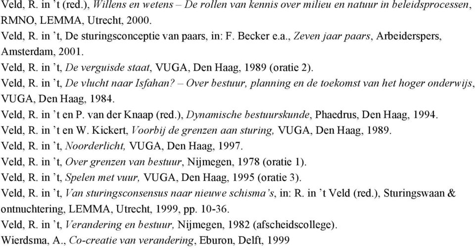van der Knaap (red.), Dynamische bestuurskunde, Phaedrus, Den Haag, 1994. Veld, R. in t en W. Kickert, Voorbij de grenzen aan sturing, VUGA, Den Haag, 1989. Veld, R. in t, Noorderlicht, VUGA, Den Haag, 1997.