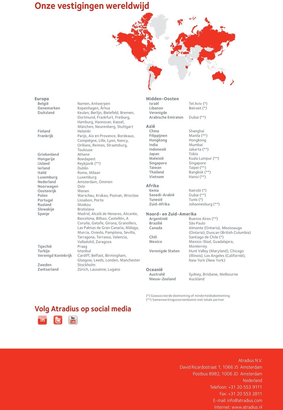 Boedapest IJsland Reykjavik (**) Ierland Dublin Italië Rome, Milaan Luxemburg Luxemburg Nederland Amsterdam, Ommen Noorwegen Oslo Oostenrijk Wenen Polen Warschau, Krakau, Poznan, Wroclaw Portugal