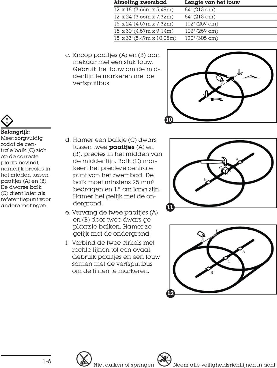 A B Belangrijk: Meet zorgvuldig zodat de centrale balk (C) zich op de correcte plaats bevindt, namelijk precies in het midden tussen paaltjes (A) en (B).