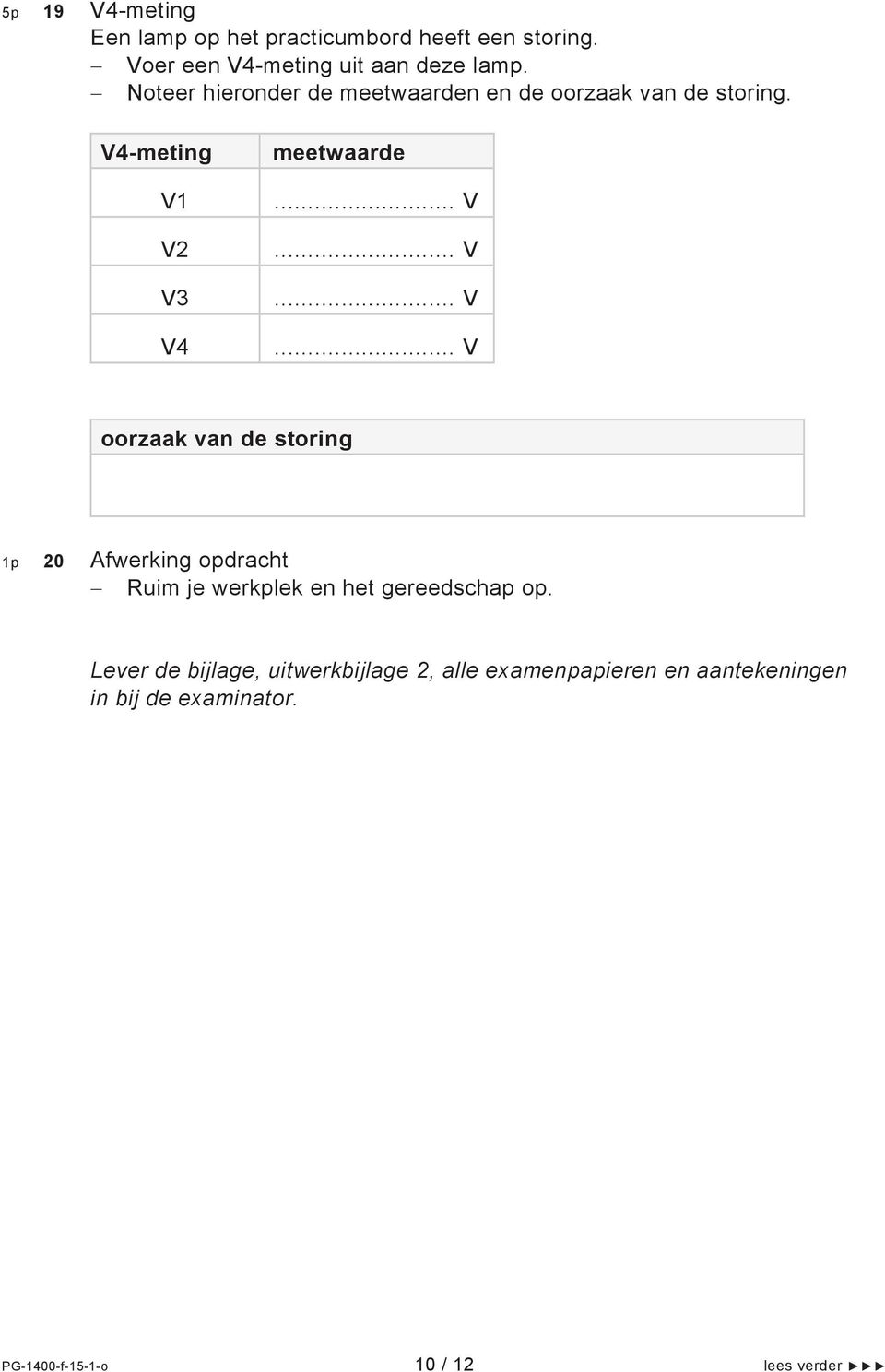 -meting V1 V2 V3 V4 meetwaarde... V... V... V... V oorzaak van de storing 1p 20 Afwerking opdracht Ruim je werkplek en het gereedschap op.