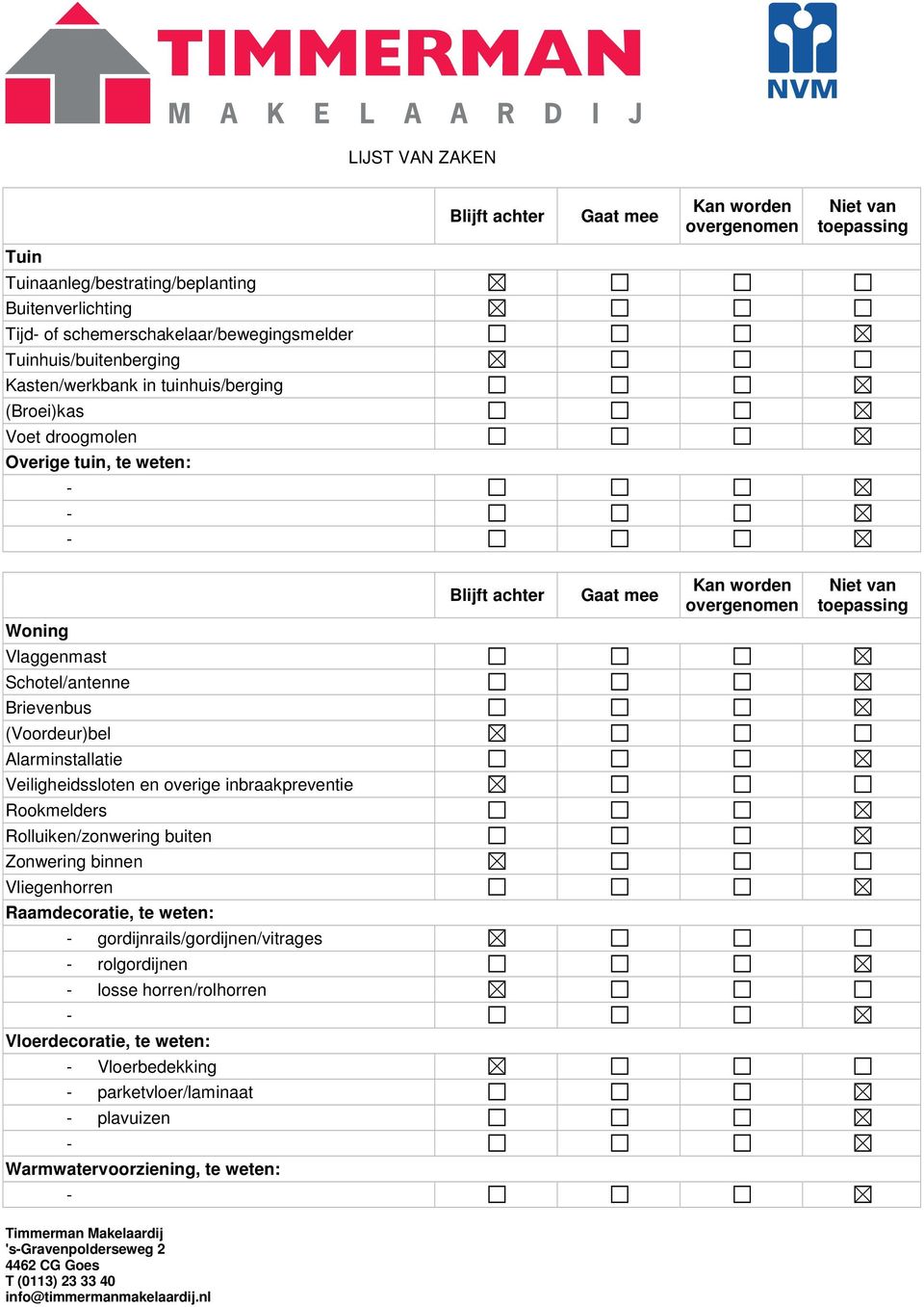 Vlaggenmast Schotel/antenne Brievenbus (Voordeur)bel Alarminstallatie Veiligheidssloten en overige inbraakpreventie Rookmelders Rolluiken/zonwering buiten Zonwering binnen Vliegenhorren