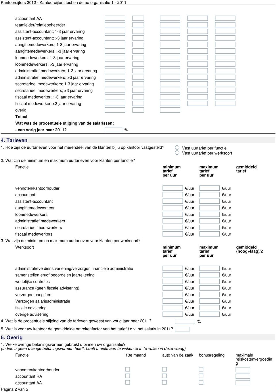 jaar ervaring fiscaal medewerker; 1-3 jaar ervaring fiscaal medewerker; >3 jaar ervaring overig Wat was de procentuele stijging van de salarissen: - van vorig jaar naar 2011? % 4. Tarieven 1.