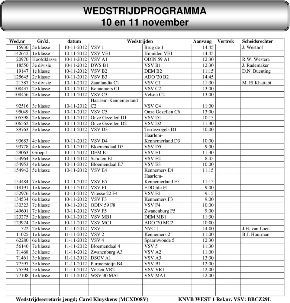 Rademaker 19147 1e klasse 10-11-2012 VSV B2 DEM B2 11:15 D.N. Buenting 125645 2e klasse 10-11-2012 VSV B3 ADO '20 B2 14:45 21387 3e divisie 10-11-2012 Zaanlandia C1 VSV C1 11:30 M.