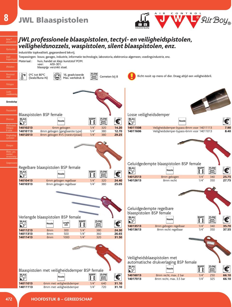 blaaspijp: verzinkt. 0 C tot 80 C (Seals/Buna-N) 16, geadviseerde Max. werkdruk: 8 Gemeten bij 8 Richt nooit op mens of dier. Draag altijd een veiligheidsbril.