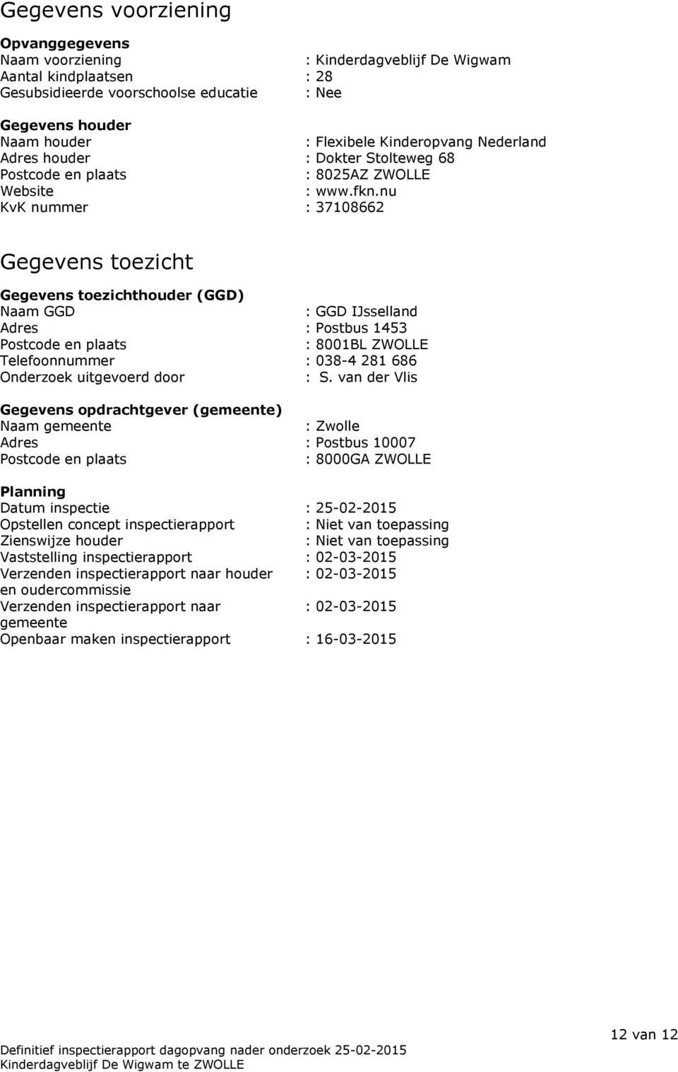 nu KvK nummer : 37108662 Gegevens toezicht Gegevens toezichthouder (GGD) Naam GGD : GGD IJsselland Adres : Postbus 1453 Postcode en plaats : 8001BL ZWOLLE Telefoonnummer : 038-4 281 686 Onderzoek