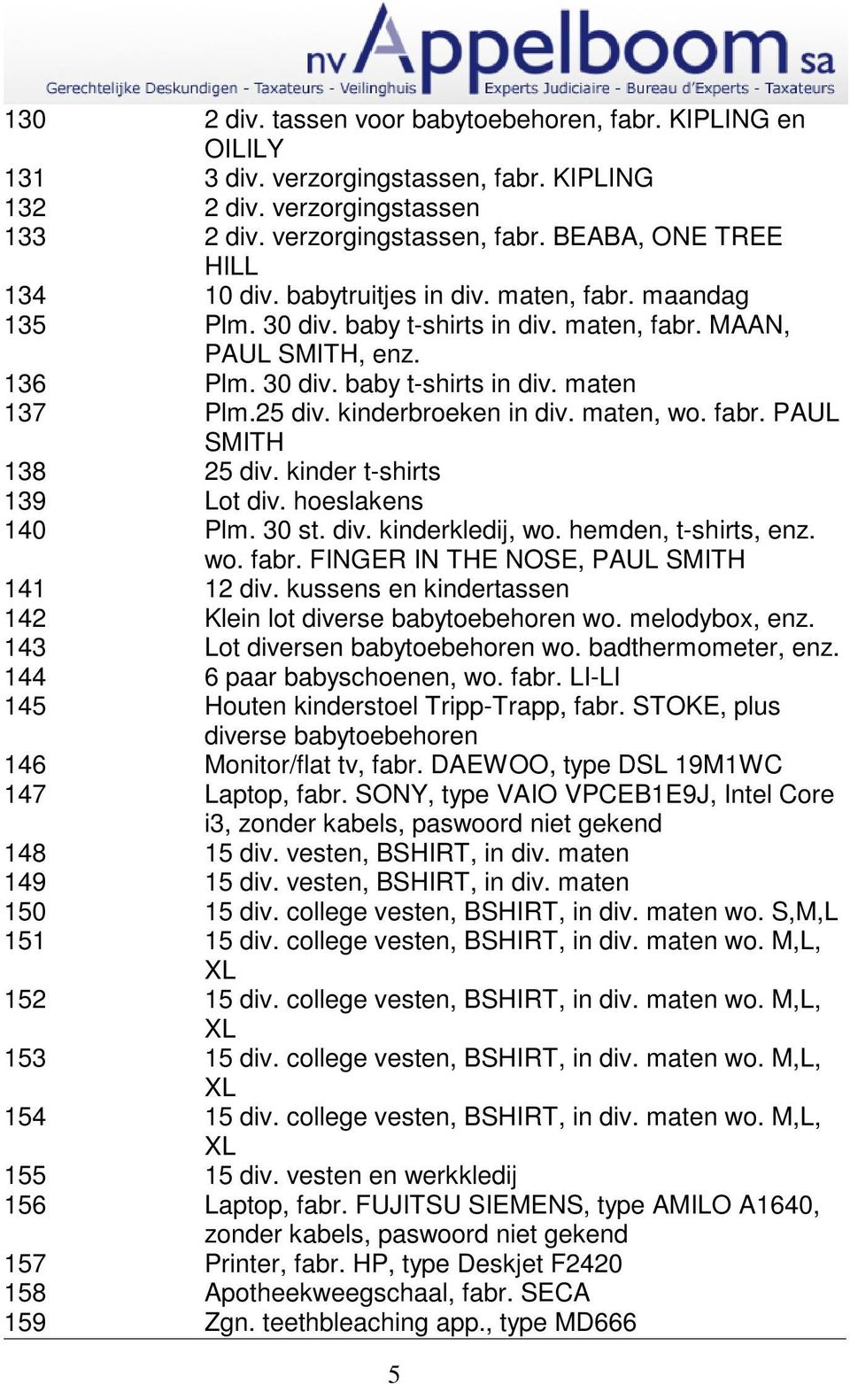 maten, wo. fabr. PAUL SMITH 138 25 div. kinder t-shirts 139 Lot div. hoeslakens 140 Plm. 30 st. div. kinderkledij, wo. hemden, t-shirts, enz. wo. fabr. FINGER IN THE NOSE, PAUL SMITH 141 12 div.