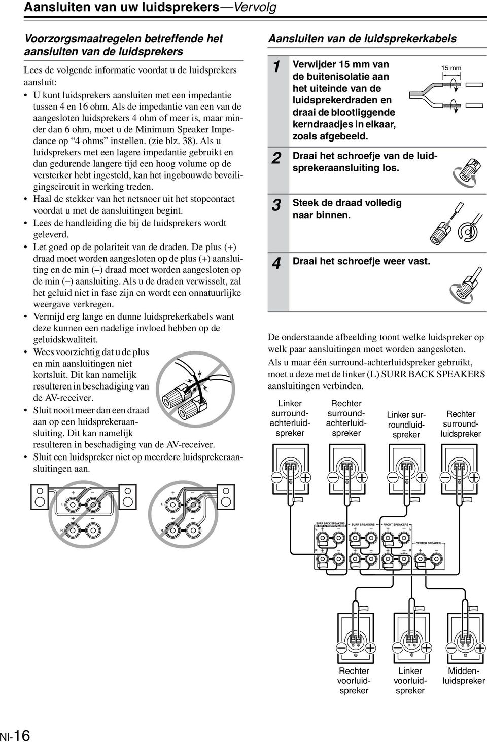 Als de impedantie van een van de aangesloten luidsprekers 4 ohm of meer is, maar minder dan 6 ohm, moet u de Minimum Speaker Impedance op 4 ohms instellen. (zie blz. 38).