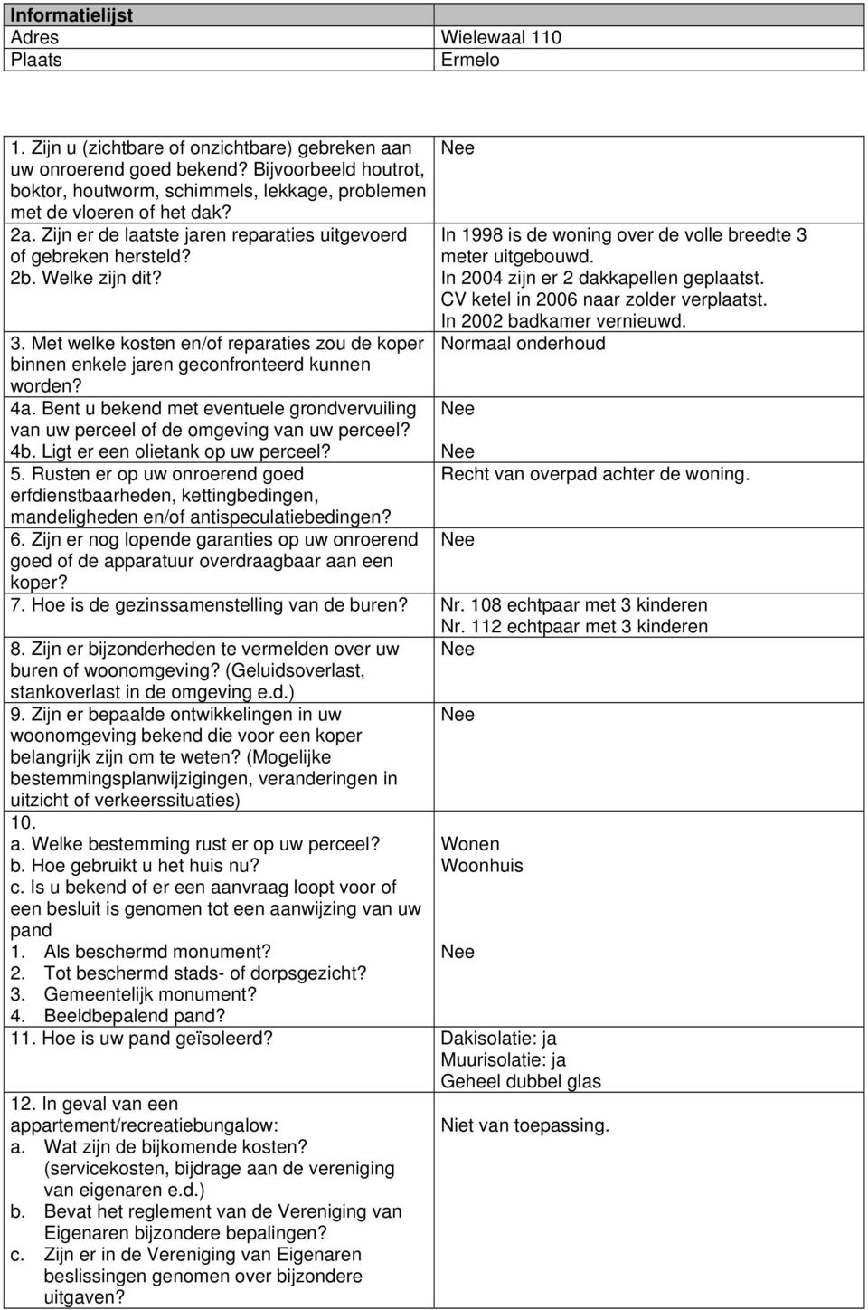 Met welke kosten en/of reparaties zou de koper binnen enkele jaren geconfronteerd kunnen worden? 4a. Bent u bekend met eventuele grondvervuiling van uw perceel of de omgeving van uw perceel? 4b.