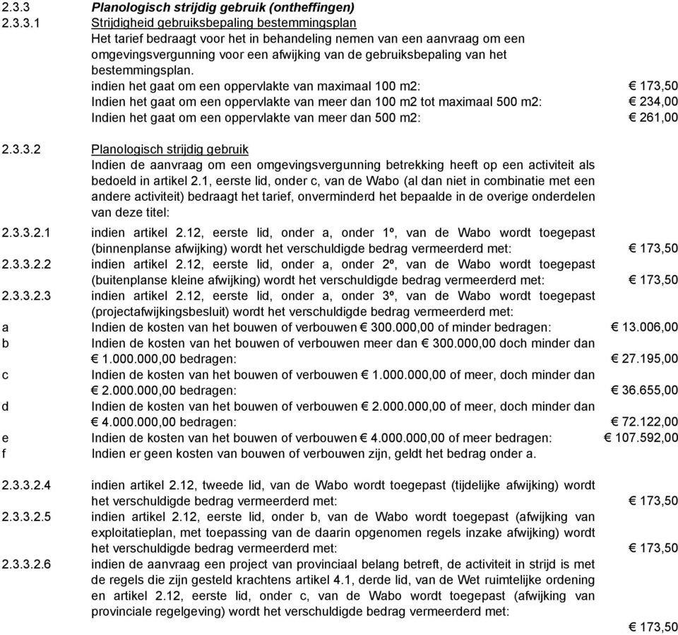 indien het gaat om een oppervlakte van maximaal 100 m2: 173,50 Indien het gaat om een oppervlakte van meer dan 100 m2 tot maximaal 500 m2: 234,00 Indien het gaat om een oppervlakte van meer dan 500