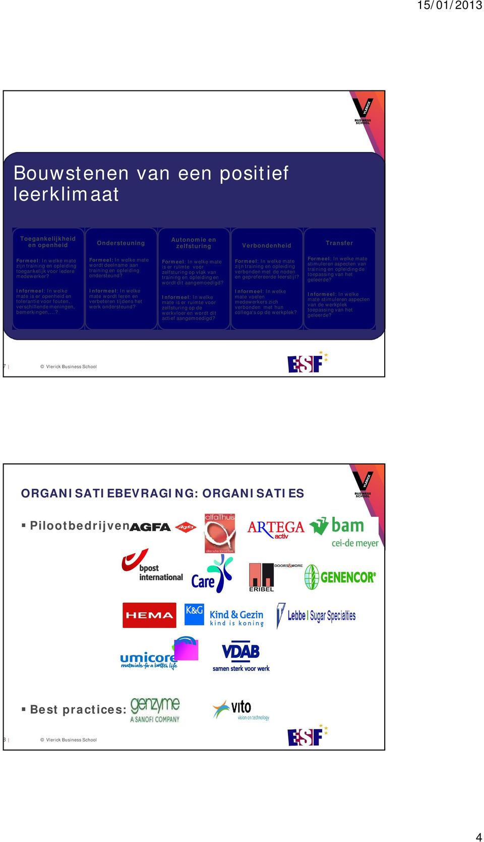 Informeel: In welke mate wordt leren en verbeteren tijdens het werk ondersteund? Formeel: In welke mate is er ruimte voor zelfsturing op vlak van training en opleiding en wordt dit aangemoedigd?