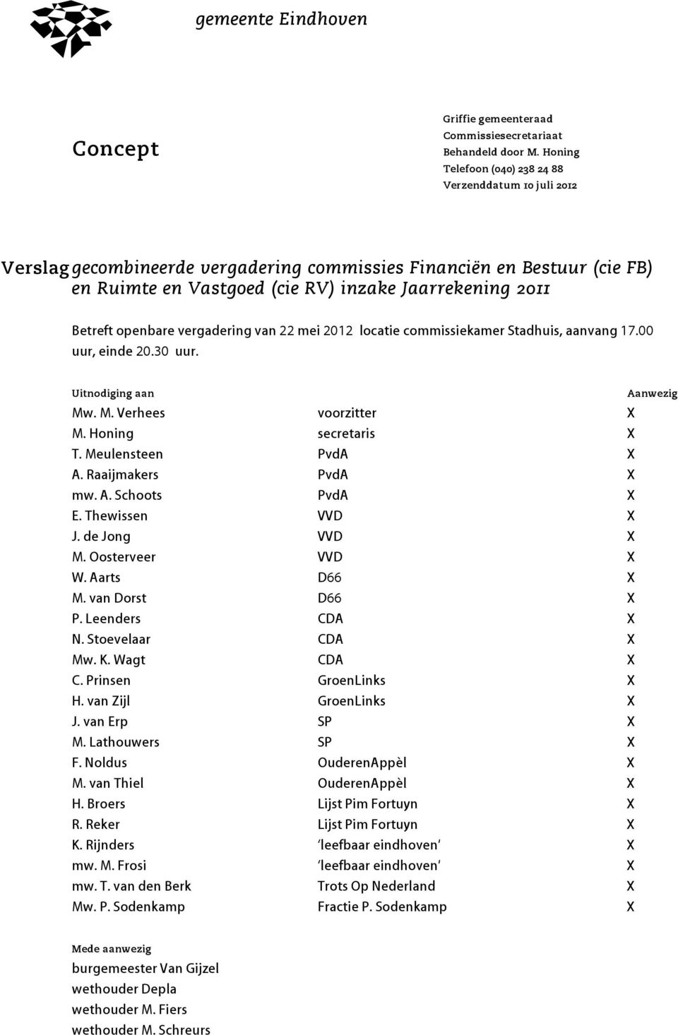 openbare vergadering van 22 mei 2012 locatie commissiekamer Stadhuis, aanvang 17.00 uur, einde 20.30 uur. Uitnodiging aan Mw. M. Verhees voorzitter X M. Honing secretaris X T. Meulensteen PvdA X A.