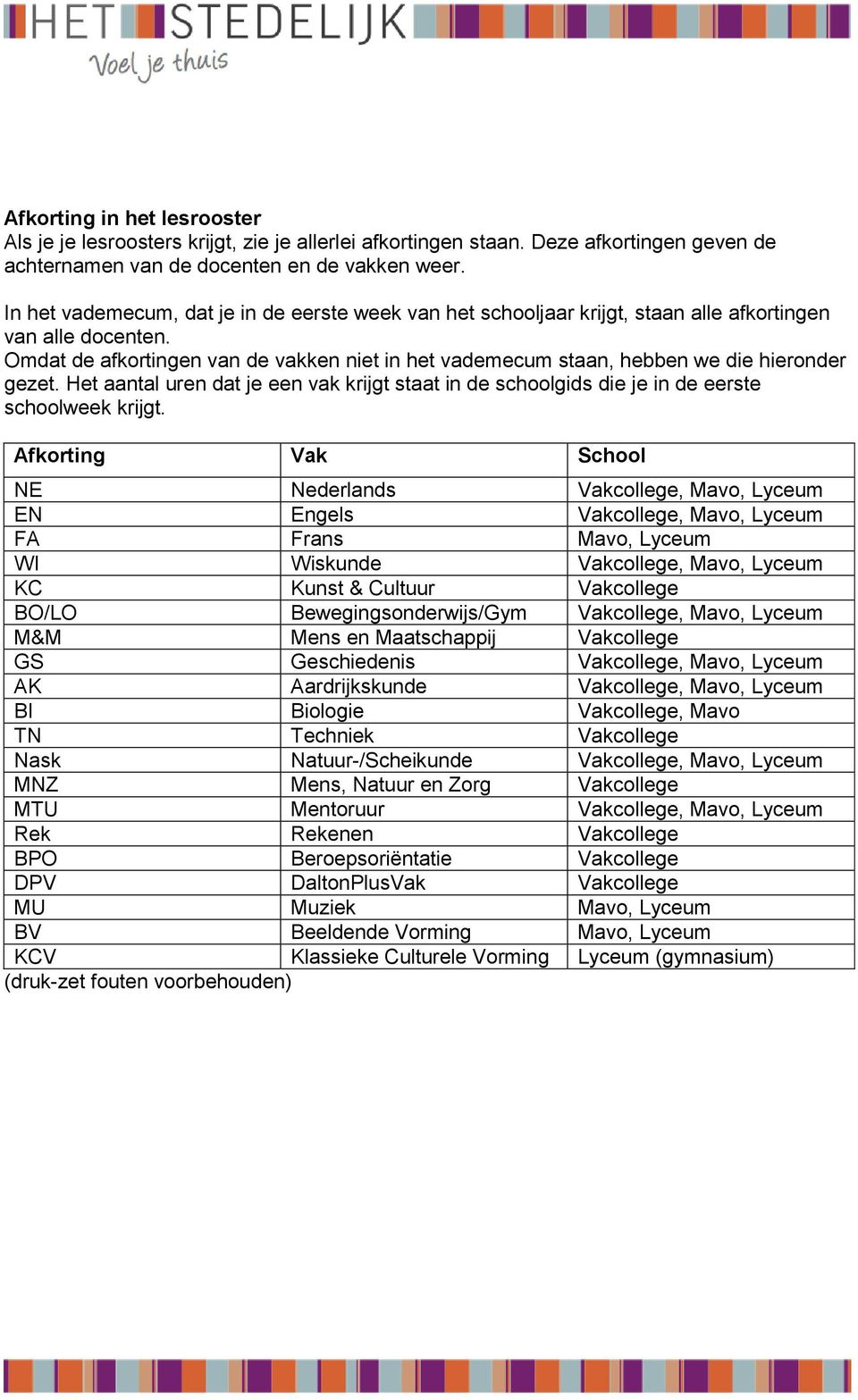 Omdat de afkortingen van de vakken niet in het vademecum staan, hebben we die hieronder gezet. Het aantal uren dat je een vak krijgt staat in de schoolgids die je in de eerste schoolweek krijgt.