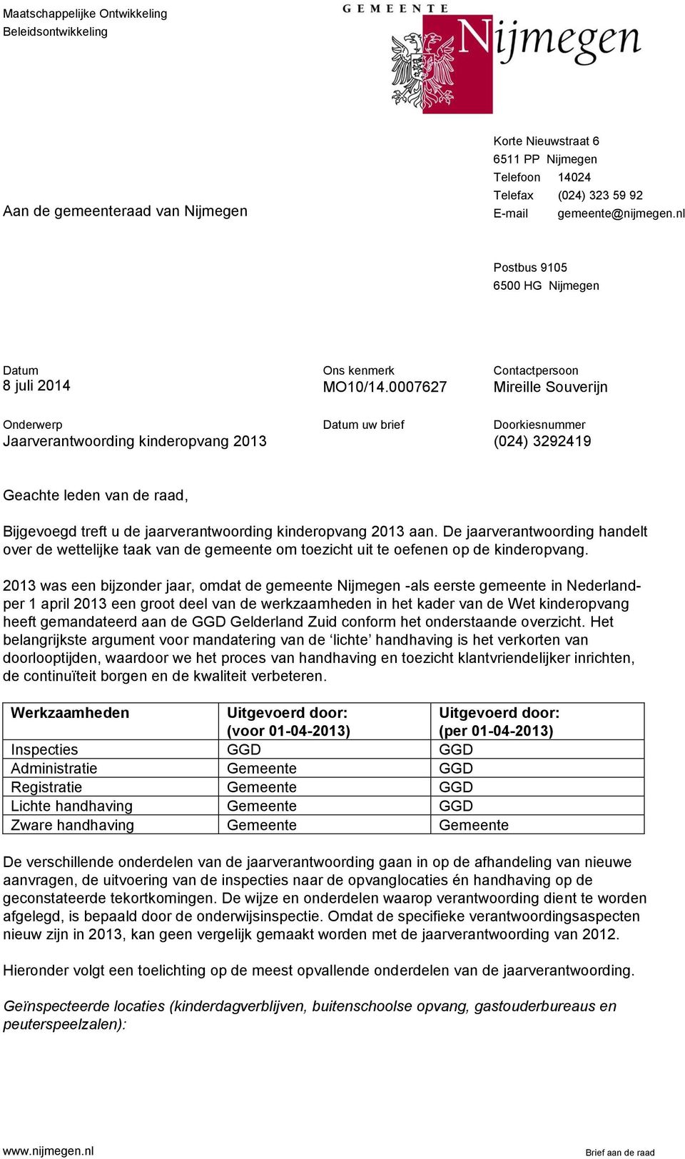 0007627 Contactpersoon Mireille Souverijn Onderwerp Jaarverantwoording kinderopvang 2013 Datum uw brief Doorkiesnummer (024) 3292419 Geachte leden van de raad, Bijgevoegd treft u de