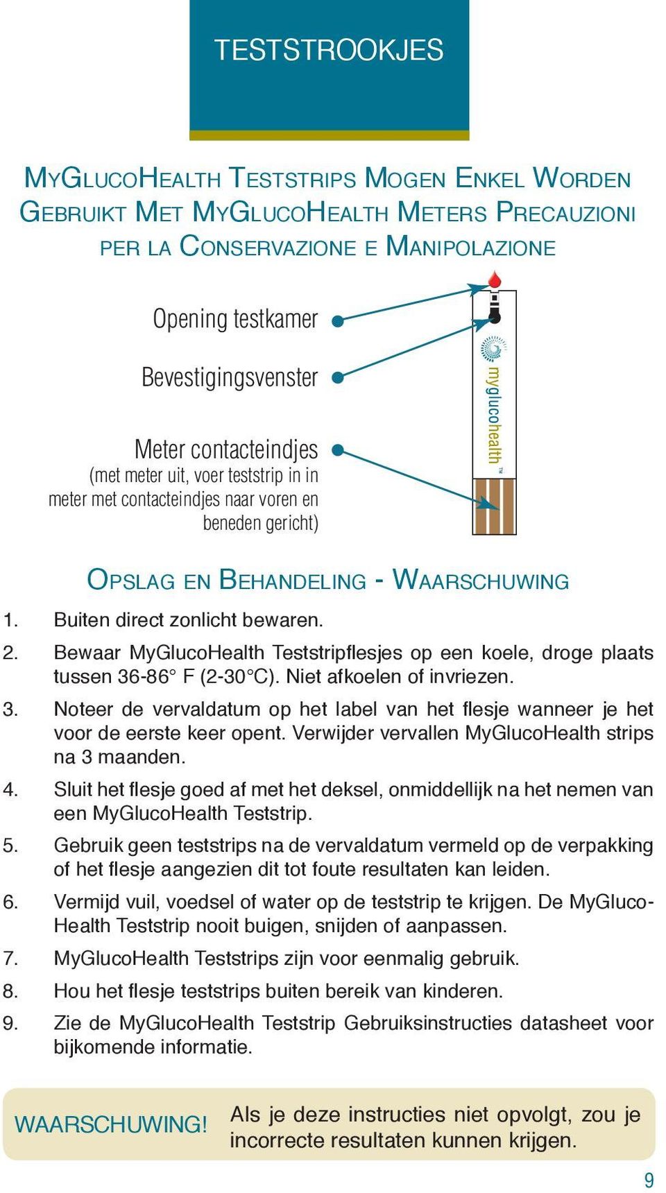 Bewaar MyGlucoHealth Teststripflesjes op een koele, droge plaats tussen 36-86 F (2-30 C). Niet afkoelen of invriezen. 3. Noteer de vervaldatum op het label van het flesje wanneer je het voor de eerste keer opent.