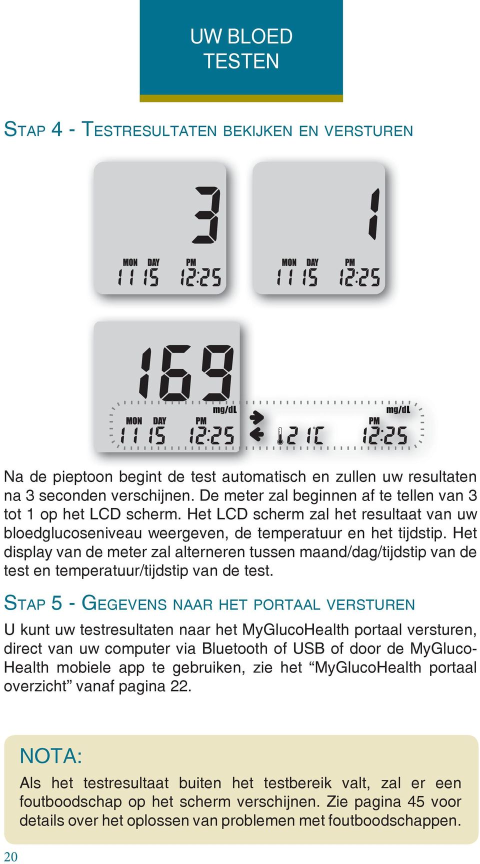 Het display van de meter zal alterneren tussen maand/dag/tijdstip van de test en temperatuur/tijdstip van de test.