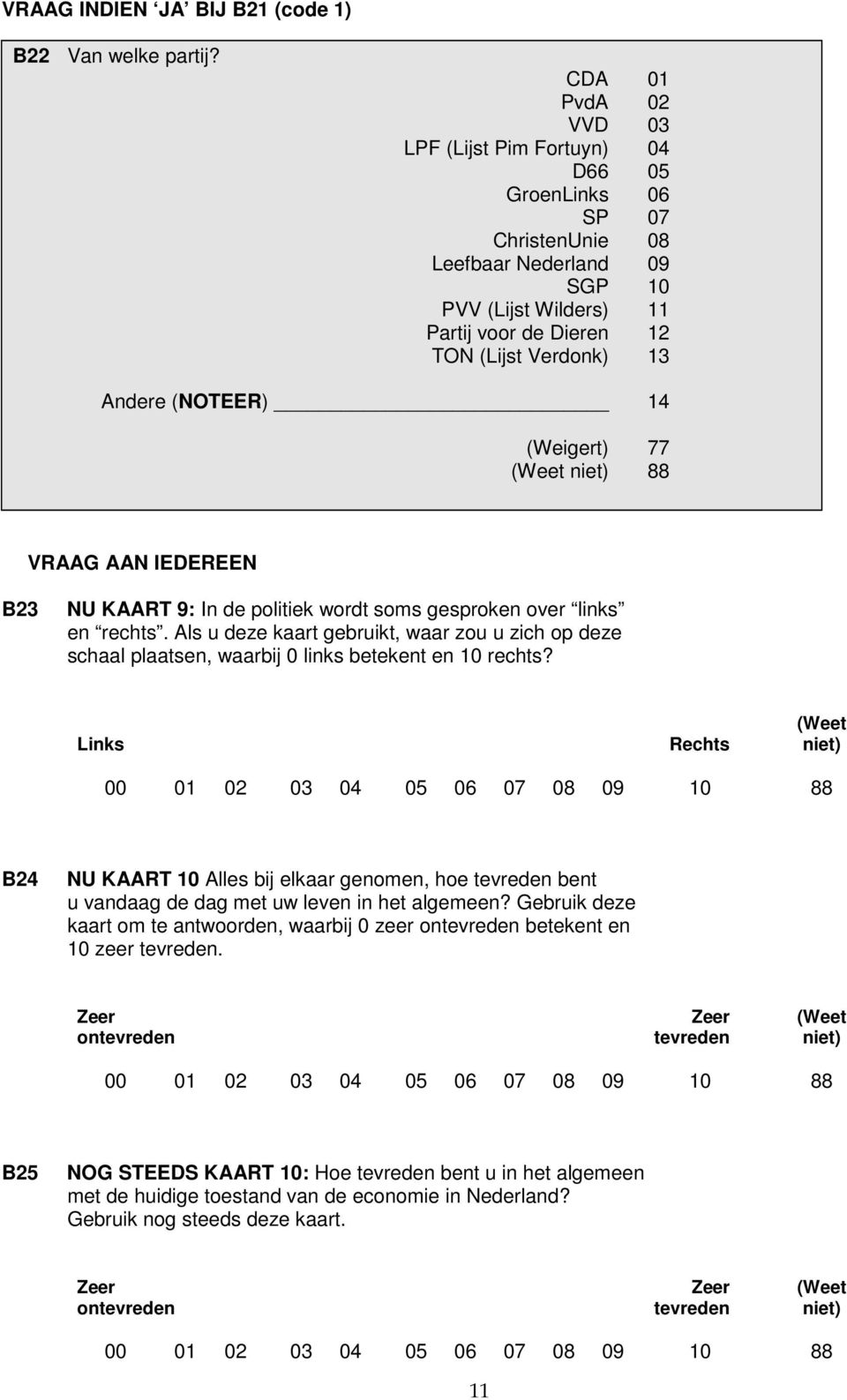 (NOTEER) 14 (Weigert) 77 8 VRAAG AAN IEDEREEN B23 NU KAART 9: In de politiek wordt soms gesproken over links en rechts.