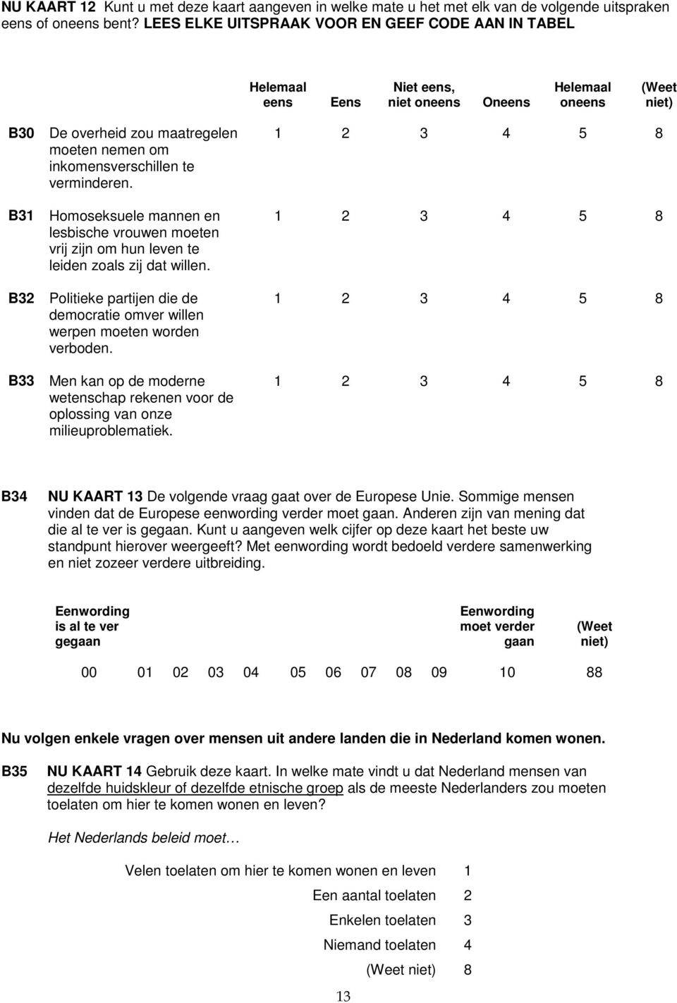 B31 Homoseksuele mannen en lesbische vrouwen moeten vrij zijn om hun leven te leiden zoals zij dat willen. B32 Politieke partijen die de democratie omver willen werpen moeten worden verboden.