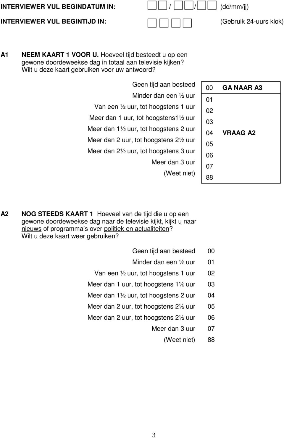 Geen tijd aan besteed Minder dan een ½ uur Van een ½ uur, tot hoogstens 1 uur Meer dan 1 uur, tot hoogstens1½ uur Meer dan 1½ uur, tot hoogstens 2 uur Meer dan 2 uur, tot hoogstens 2½ uur Meer dan 2½