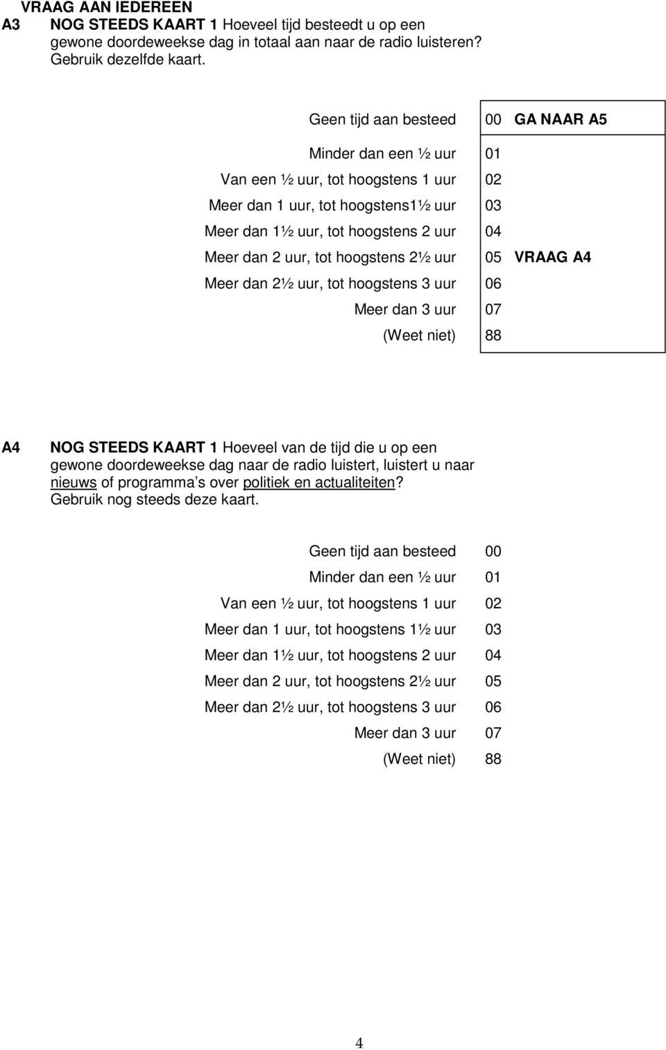 hoogstens 2½ uur 05 VRAAG A4 Meer dan 2½ uur, tot hoogstens 3 uur 06 Meer dan 3 uur 07 8 A4 NOG STEEDS KAART 1 Hoeveel van de tijd die u op een gewone doordeweekse dag naar de radio luistert,