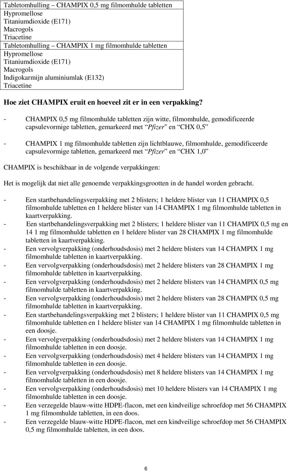 - CHAMPIX 0,5 mg filmmhulde tabletten zijn witte, filmmhulde, gemdificeerde capsulevrmige tabletten, gemarkeerd met Pfizer" en CHX 0,5 - CHAMPIX 1 mg filmmhulde tabletten zijn lichtblauwe,