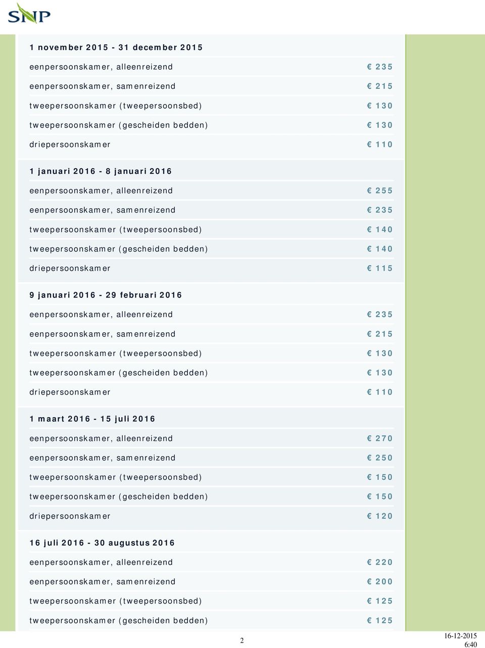 bedden) 140 driepersoonskamer 115 9 januari 2016-29 februari 2016 eenpersoonskamer, alleenreizend 235 eenpersoonskamer, samenreizend 215 tweepersoonskamer (tweepersoonsbed) 130 tweepersoonskamer