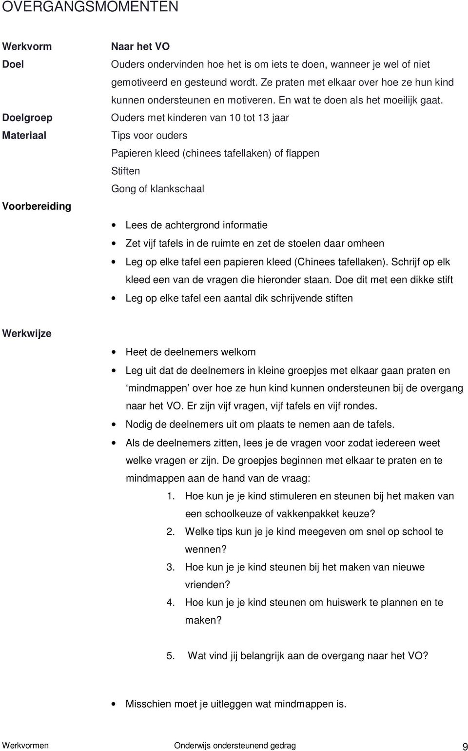 Ouders met kinderen van 10 tot 13 jaar Papieren kleed (chinees tafellaken) of flappen Stiften Gong of klankschaal Lees de achtergrond informatie Zet vijf tafels in de ruimte en zet de stoelen daar