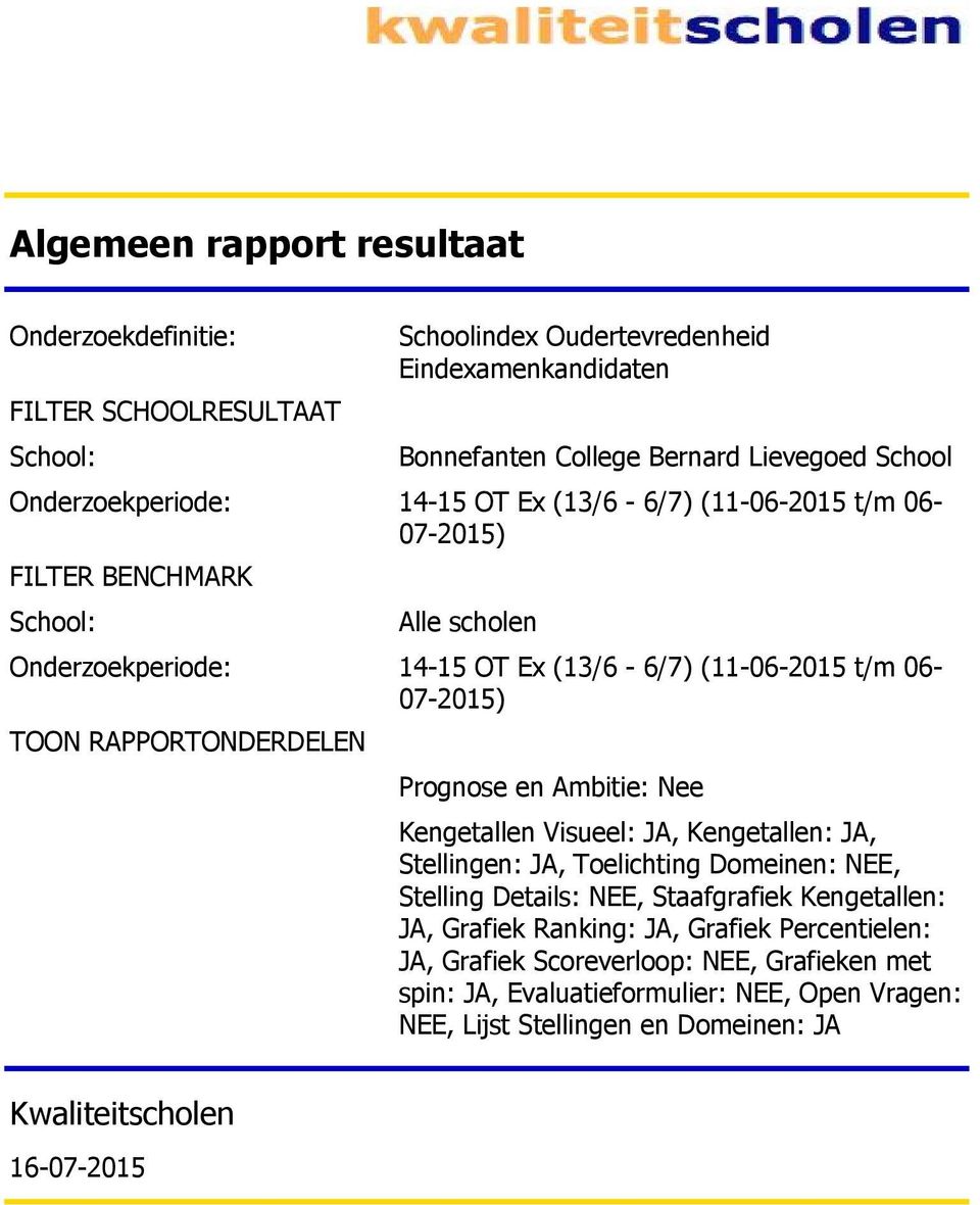 RAPPORTONDERDELEN Prognose en Ambitie: Nee Kengetallen Visueel: JA, Kengetallen: JA, Stellingen: JA, Toelichting Domeinen: NEE, Stelling Details: NEE, Staafgrafiek Kengetallen: JA,