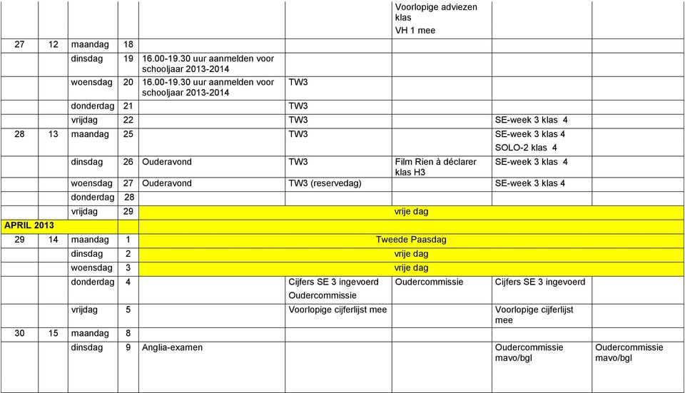 30 uur aanmelden voor schooljaar 2013-2014 TW3 TW3 Voorlopige adviezen klas VH 1 vrijdag 22 TW3 SE-week 3 klas 4 28 13 maandag 25 TW3 SE-week 3 klas 4 APRIL 2013 SOLO-2 klas 4 dinsdag 26