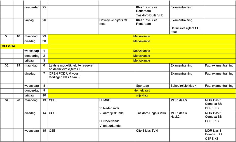 cijfers SE Fac. examentraining Fac. examentraining woensdag 8 Sportdag Schoolreisje klas 4 Fac.