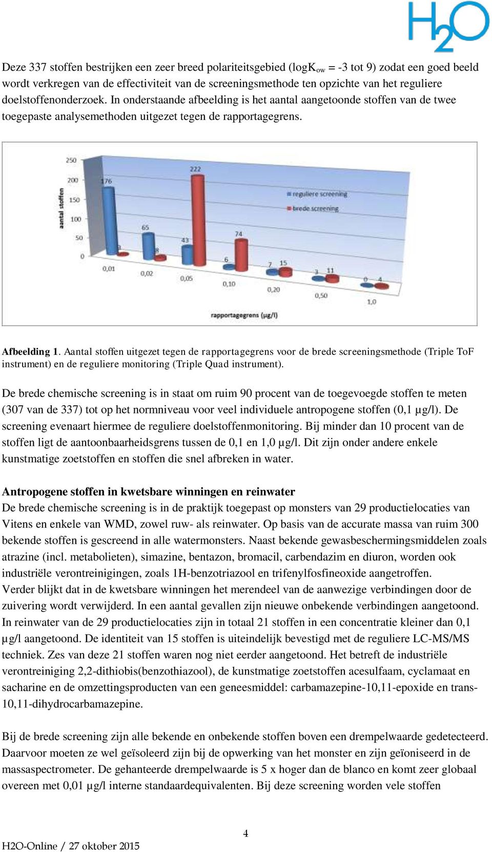 Aantal stoffen uitgezet tegen de rapportagegrens voor de brede screeningsmethode (Triple ToF instrument) en de reguliere monitoring (Triple Quad instrument).