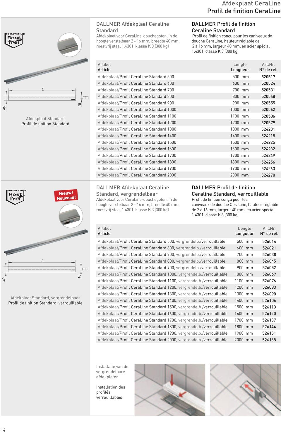 4301, classe K 3 (300 kg) Lengte Longueur Afdekplaat/Profil CeraLine Standard 500 500 mm 520517 Afdekplaat/Profil CeraLine Standard 600 600 mm 520524 40 L Afdekplaat Standard Profil de finition