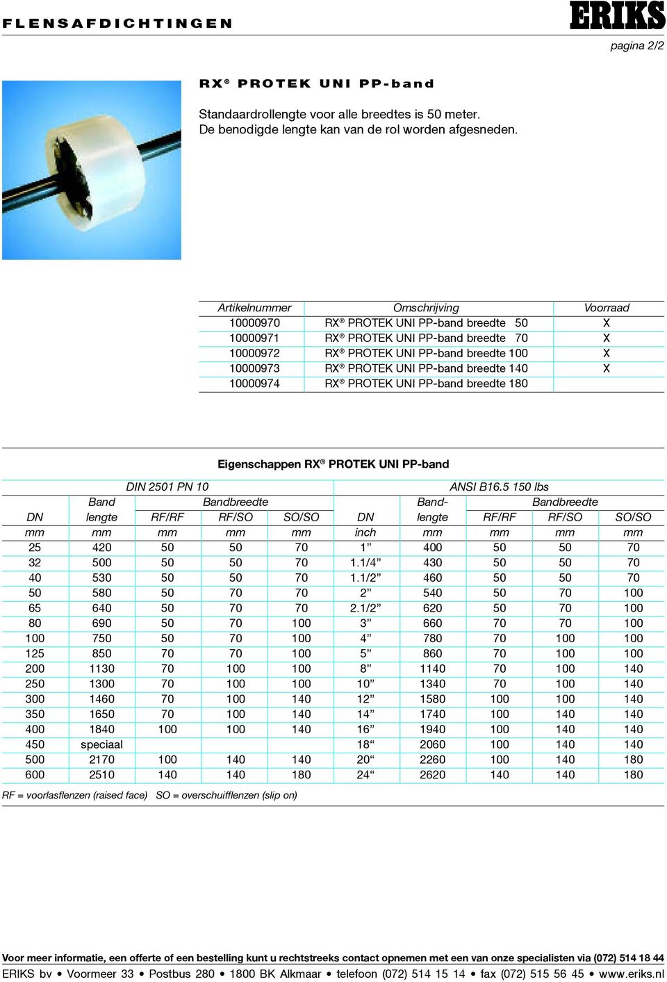 breedte 140 X 10000974 RX PROTEK UNI PP-band breedte 180 RX PROTEK UNI PP-band DIN 2501 PN 10 ANSI B16.