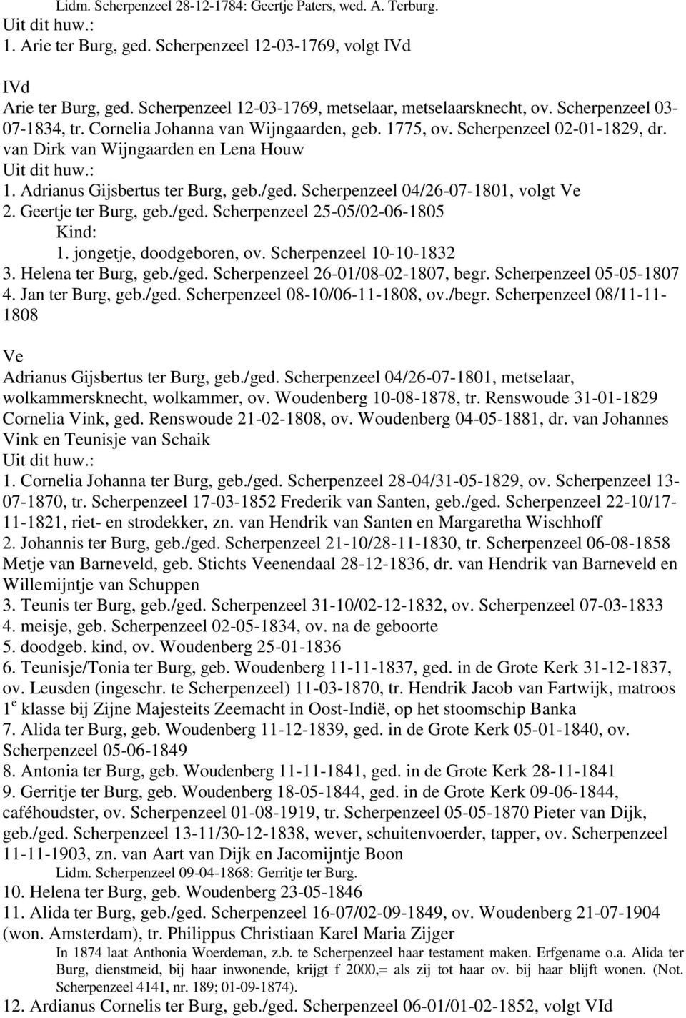 van Dirk van Wijngaarden en Lena Houw 1. Adrianus Gijsbertus ter Burg, geb./ged. Scherpenzeel 04/26-07-1801, volgt Ve 2. Geertje ter Burg, geb./ged. Scherpenzeel 25-05/02-06-1805 Kind: 1.