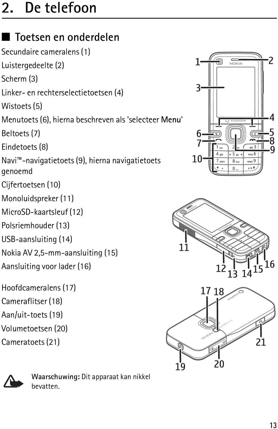 Cijfertoetsen (10) Monoluidspreker (11) MicroSD-kaartsleuf (12) Polsriemhouder (13) USB-aansluiting (14) Nokia AV 2,5-mm-aansluiting (15)