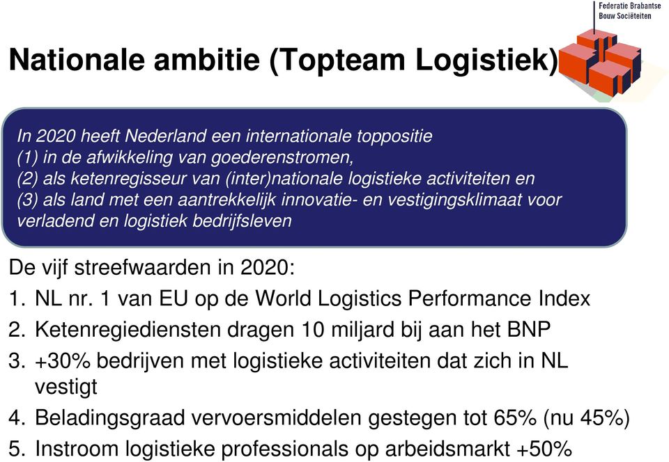 streefwaarden in 2020: 1. NL nr. 1 van EU op de World Logistics Performance Index 2. Ketenregiediensten dragen 10 miljard bij aan het BNP 3.