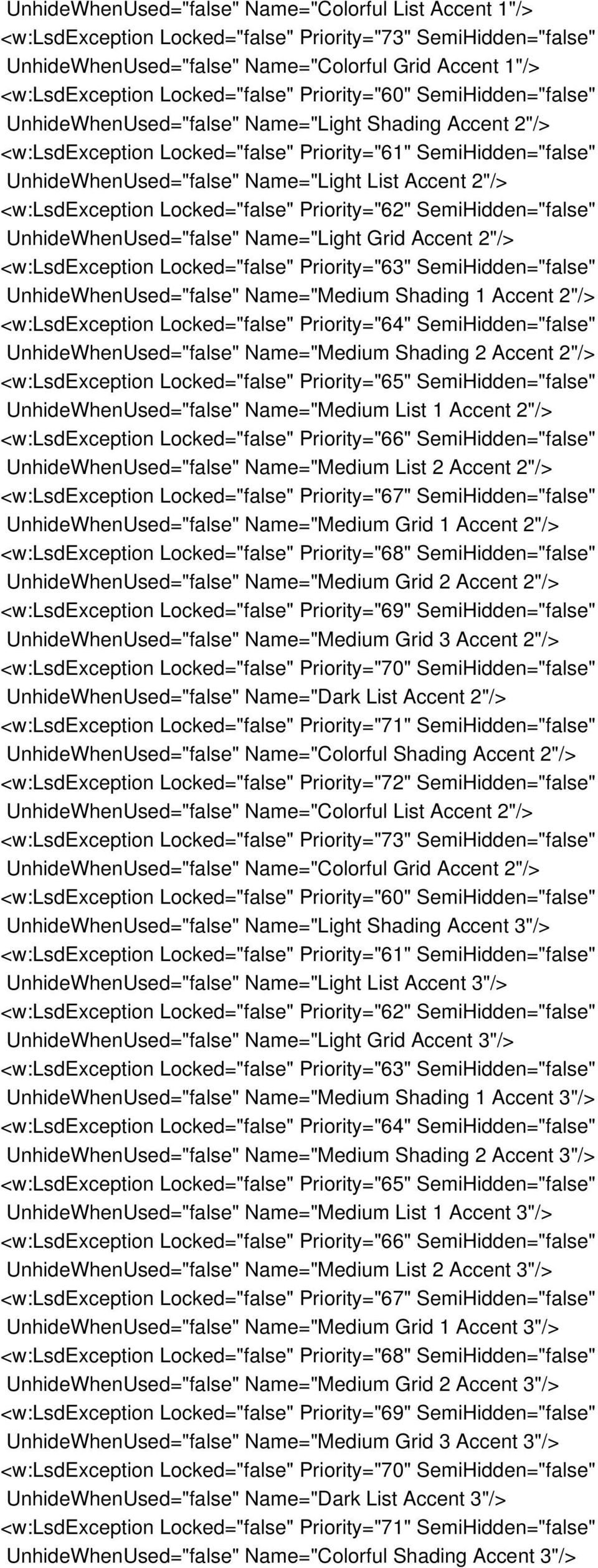 UnhideWhenUsed="false" Name="Medium List 1 Accent 2"/> UnhideWhenUsed="false" Name="Medium List 2 Accent 2"/> UnhideWhenUsed="false" Name="Medium Grid 1 Accent 2"/> UnhideWhenUsed="false"